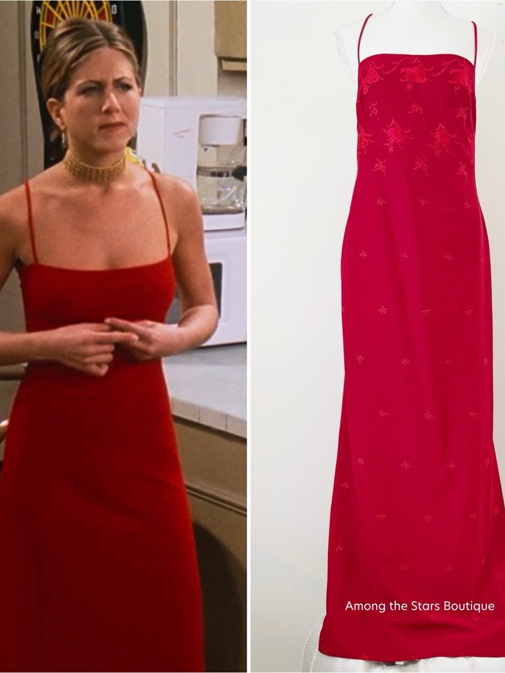 Y2K Vintage Red Embroidered Maxi Dress Similar to Rachel Green on Friends